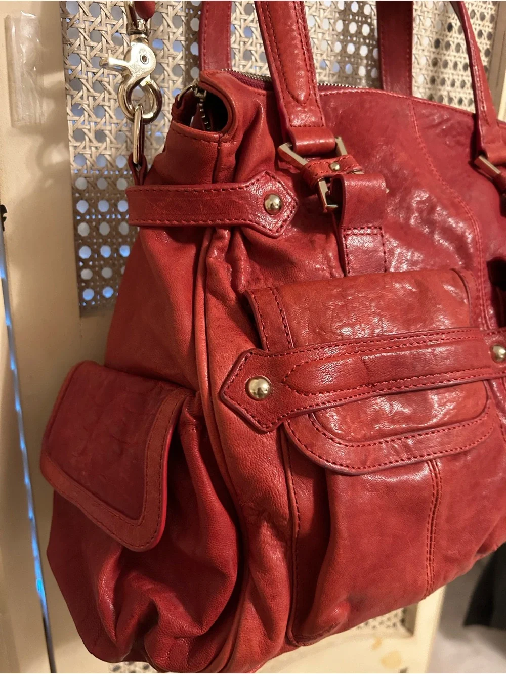 Junior Drake Red Leather Shoulder Bag with Dual Front Pockets
